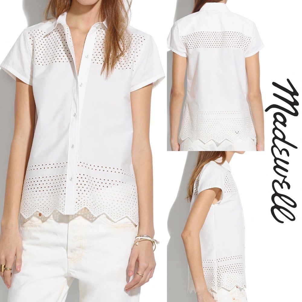 Madewell Latticework Shirt Short Sleeve Cotton Blouse Eyelet Top White Size XS